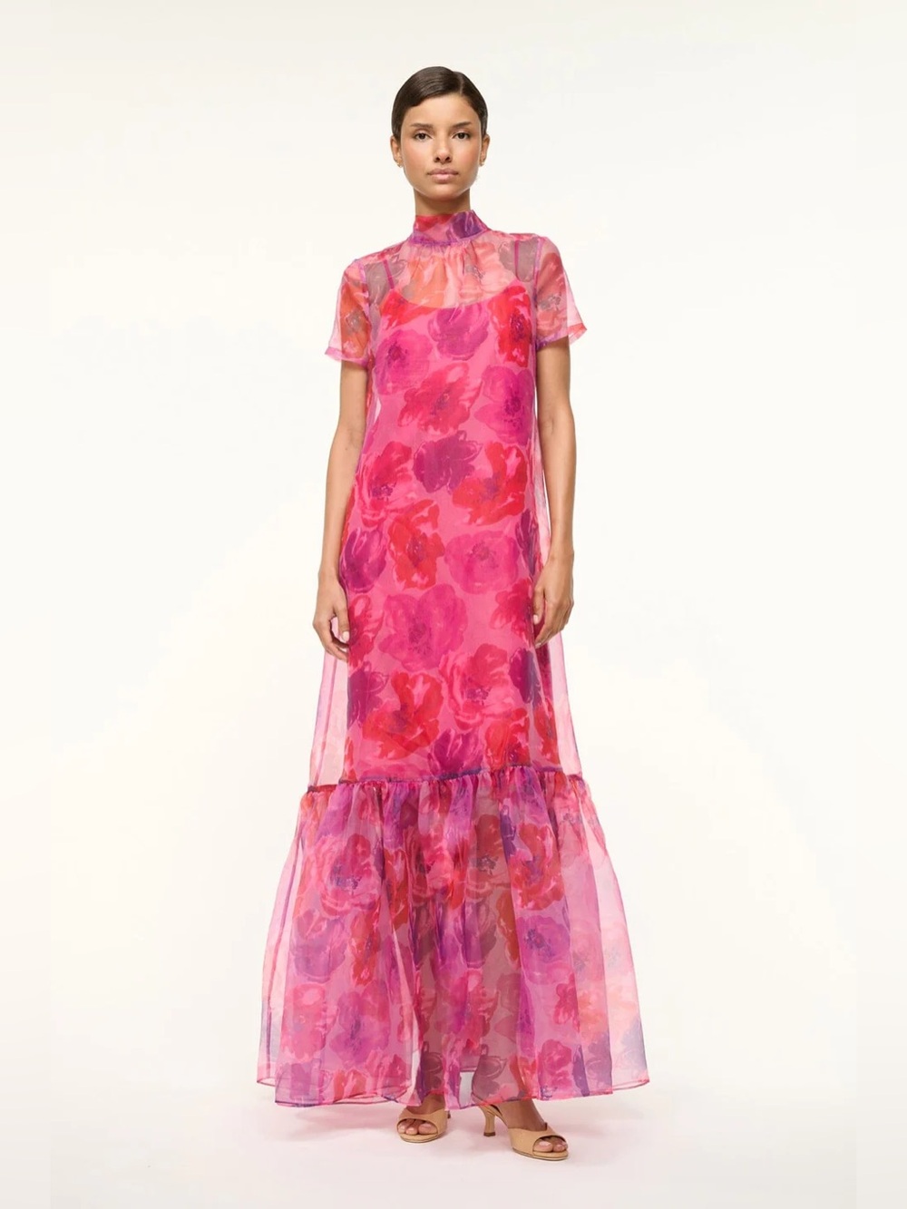 STAUD Pink and Red Floral Maxi Dress